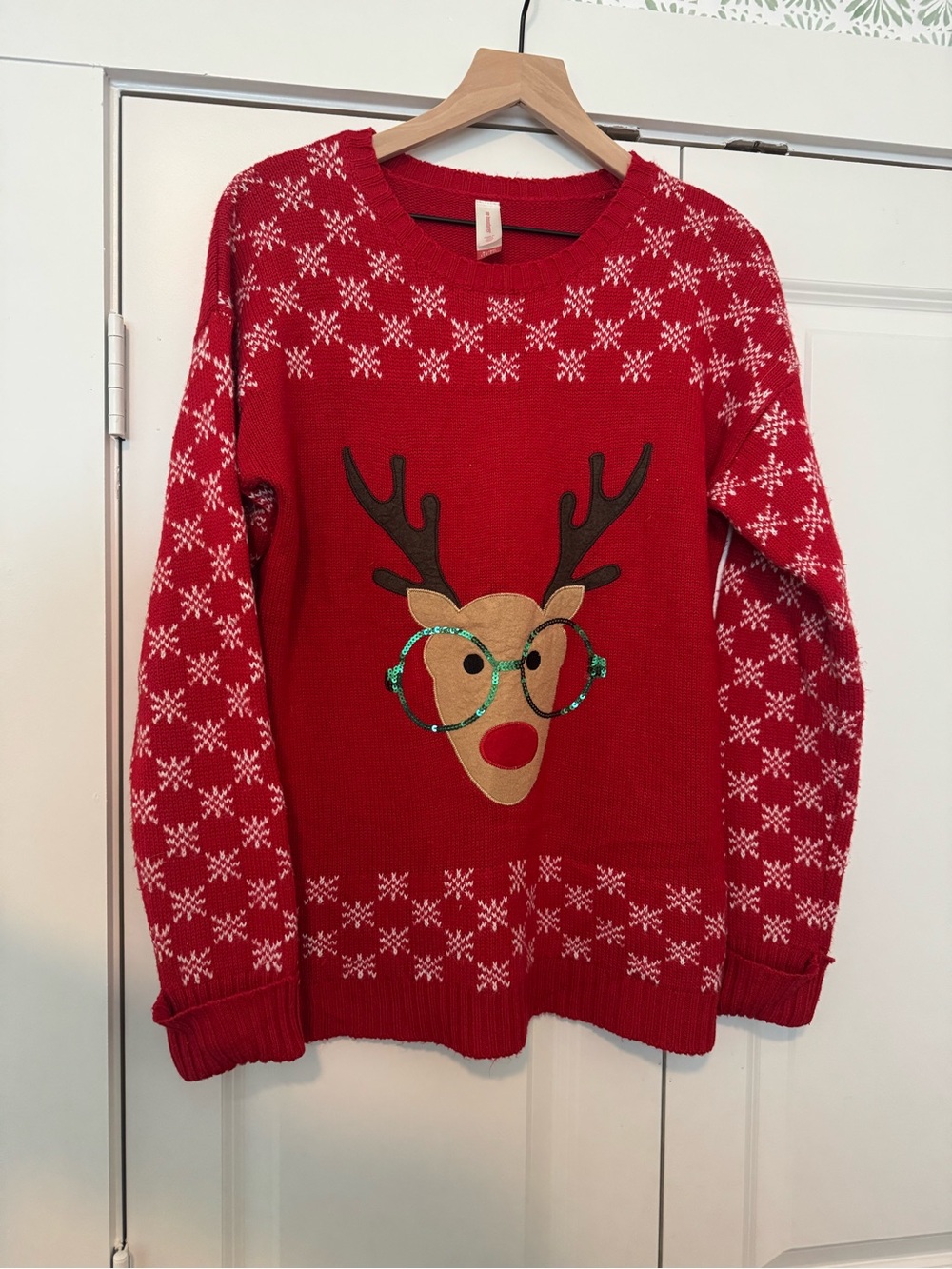 No Boundaries Red Reindeer Crewneck Sweater with White Snowflakes